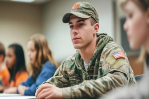 A military veteran student attending a college class, surrounded by younger students, showcasing veterans pursuing higher education with military education benefits